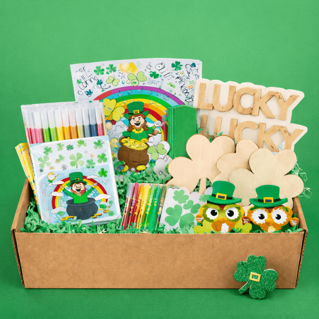 Wonder Mom Box St. Patrick's Day edition with green and gold themed crafts