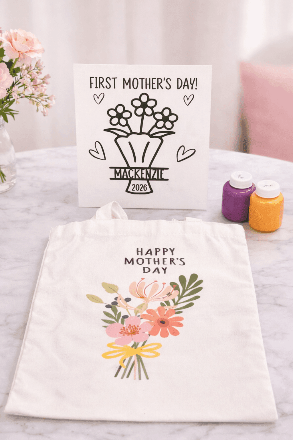 First Mother’s Day Keepsake laid out with personalized canvas, tote bag, and baby-safe paints