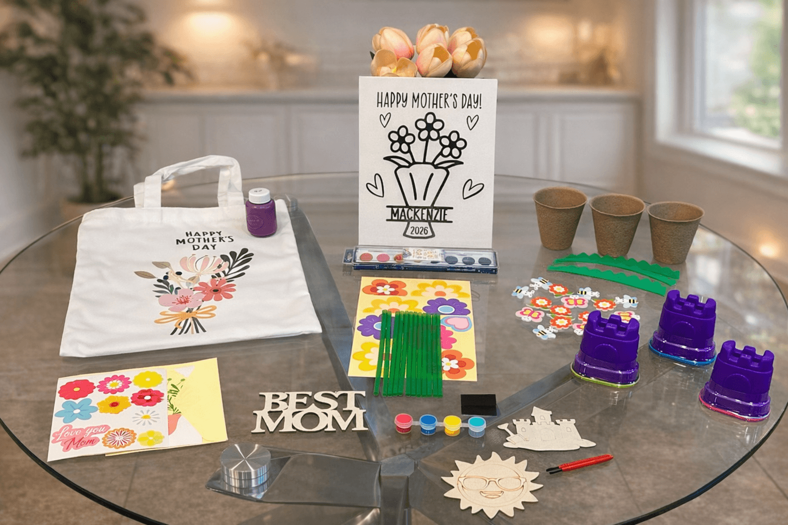 Tiny Treasures Mother’s Day Box laid out with crafts and keepsake activities
