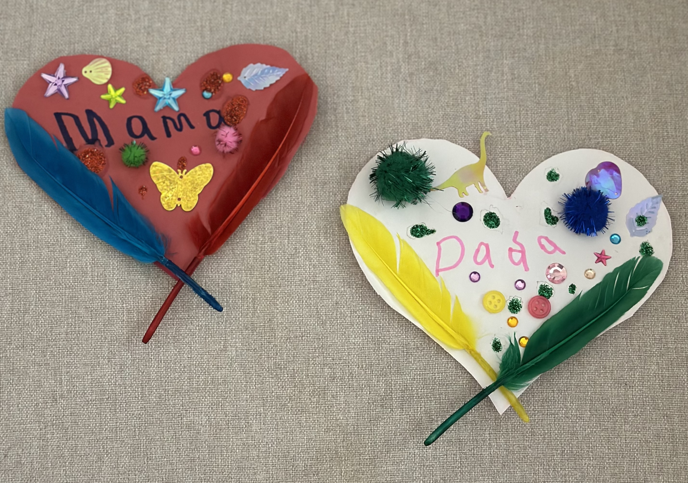 Finished Valentine craft materials arranged after a Wonder Mom Box activity